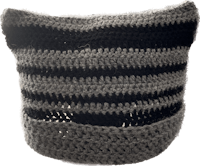 a black and grey crocheted beanie on a black background
